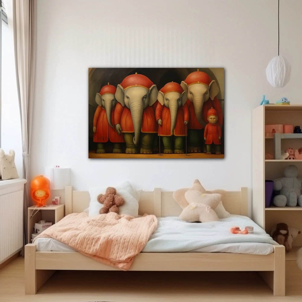 Wall Art titled: Memory of Silent Trunks in a Horizontal format with: Grey, Red, and Green Colors; Decoration the Nursery wall