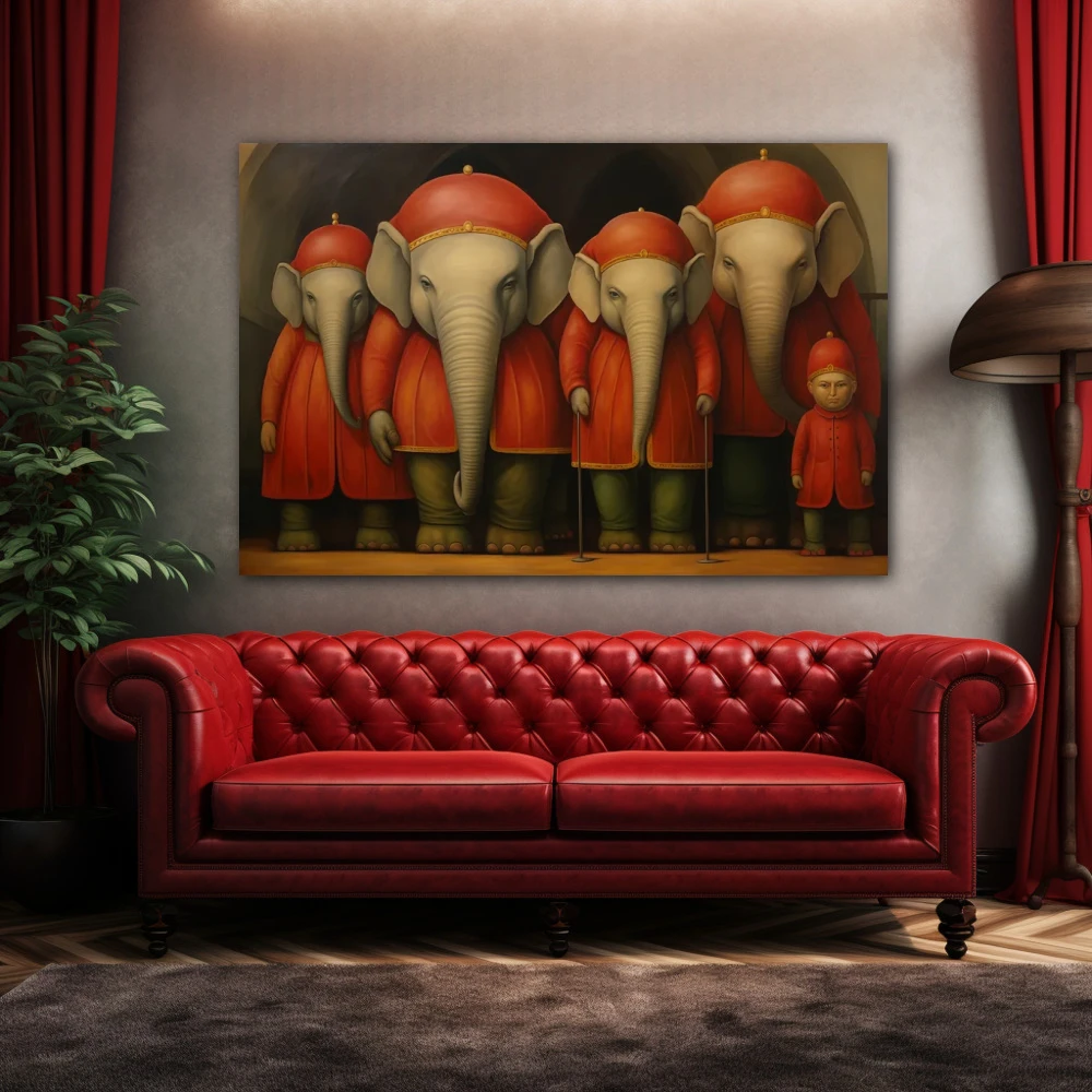 Wall Art titled: Memory of Silent Trunks in a Horizontal format with: Grey, Red, and Green Colors; Decoration the Above Couch wall