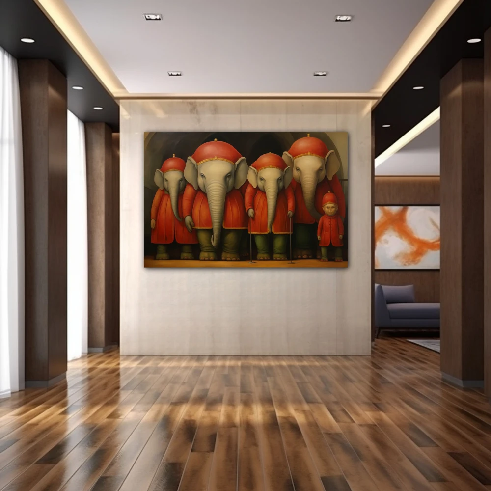 Wall Art titled: Memory of Silent Trunks in a Horizontal format with: Grey, Red, and Green Colors; Decoration the Hallway wall