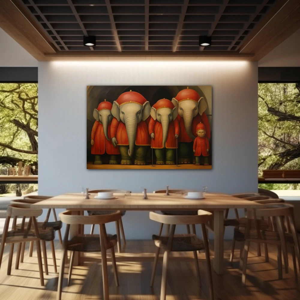 Wall Art titled: Memory of Silent Trunks in a Horizontal format with: Grey, Red, and Green Colors; Decoration the Restaurant wall