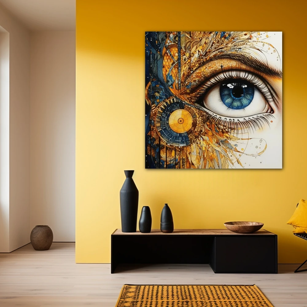 Wall Art titled: Porcelain Gaze in a Square format with: Blue, white, and Golden Colors; Decoration the Yellow Walls wall