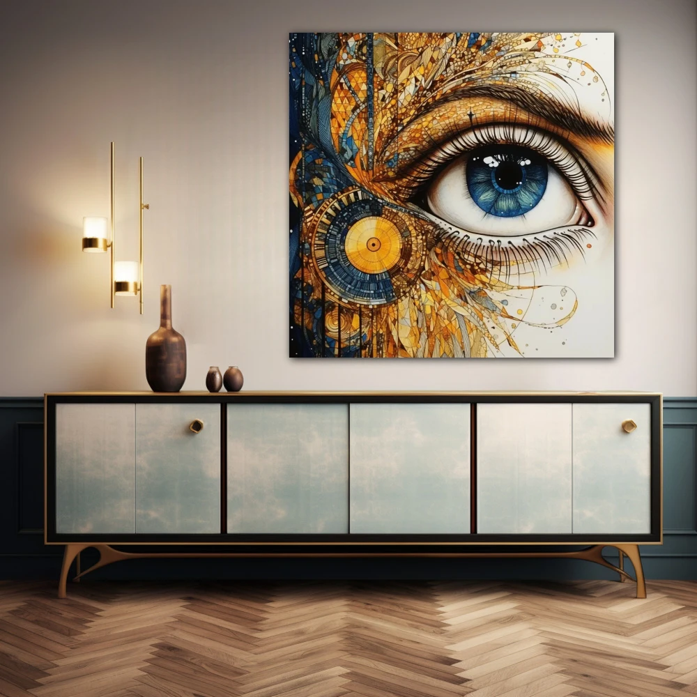 Wall Art titled: Porcelain Gaze in a Square format with: Blue, white, and Golden Colors; Decoration the Sideboard wall