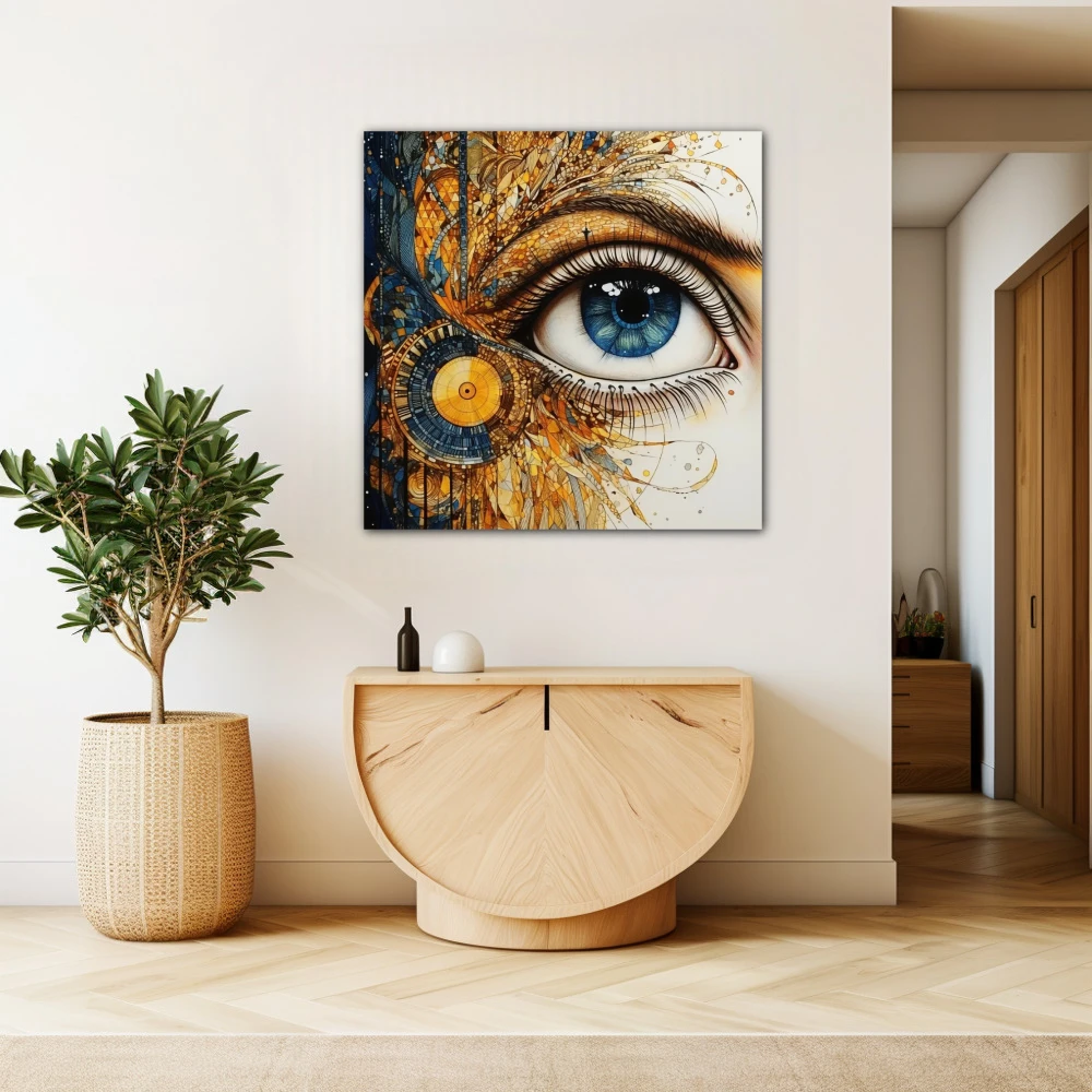 Wall Art titled: Porcelain Gaze in a Square format with: Blue, white, and Golden Colors; Decoration the Beige Wall wall