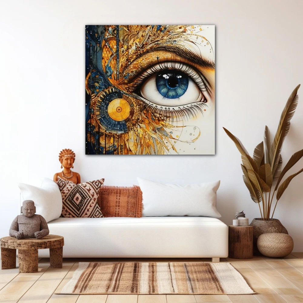 Wall Art titled: Porcelain Gaze in a Square format with: Blue, white, and Golden Colors; Decoration the White Wall wall