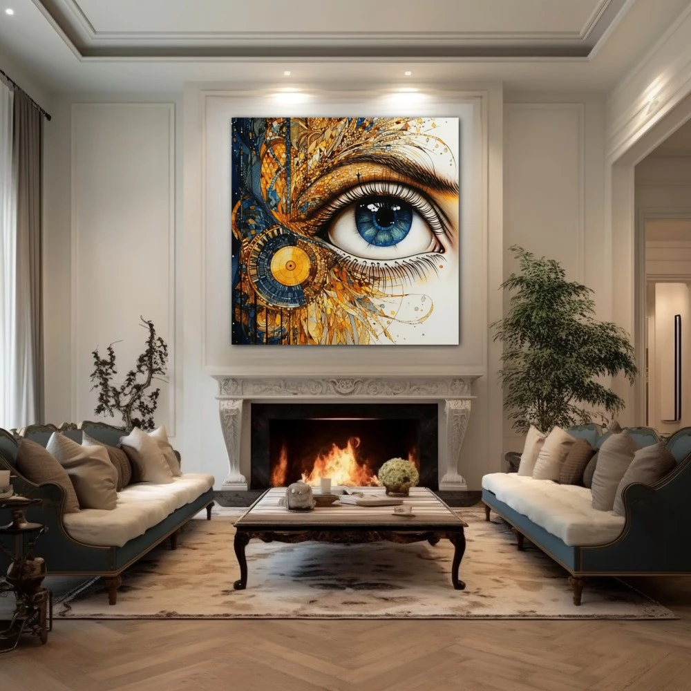 Wall Art titled: Porcelain Gaze in a Square format with: Blue, white, and Golden Colors; Decoration the Fireplace wall