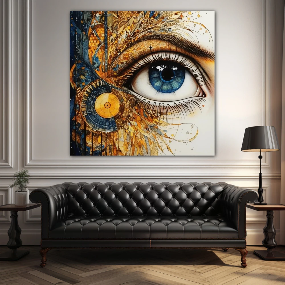 Wall Art titled: Porcelain Gaze in a Square format with: Blue, white, and Golden Colors; Decoration the Above Couch wall