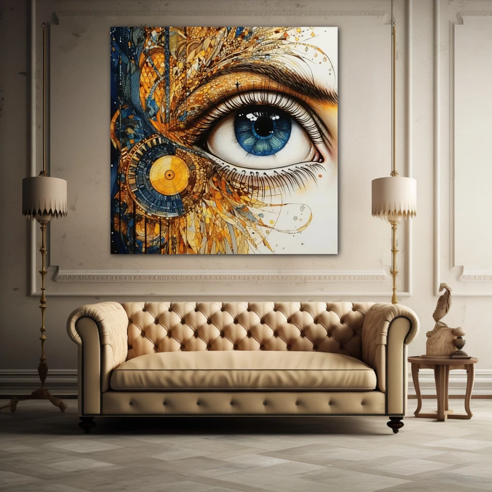 Wall Art titled: Porcelain Gaze in a Square format with: Blue, white, and Golden Colors; Decoration the Above Couch wall