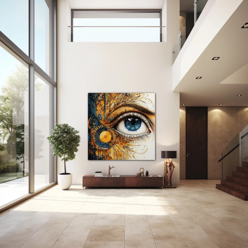 Wall Art titled: Porcelain Gaze in a Square format with: Blue, white, and Golden Colors; Decoration the Entryway wall