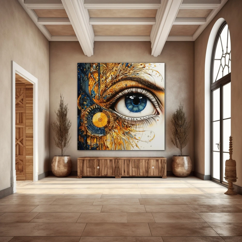 Wall Art titled: Porcelain Gaze in a Square format with: Blue, white, and Golden Colors; Decoration the Entryway wall