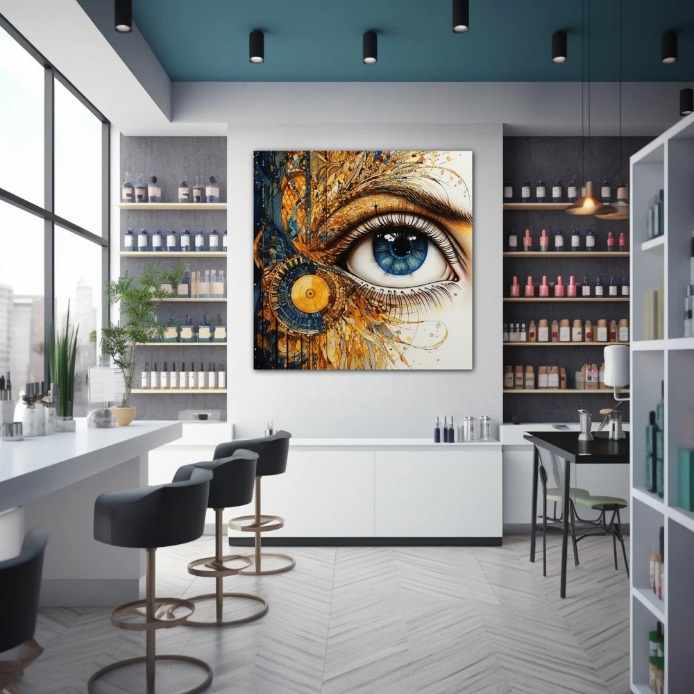 Wall Art titled: Porcelain Gaze in a Square format with: Blue, white, and Golden Colors; Decoration the Pharmacy wall