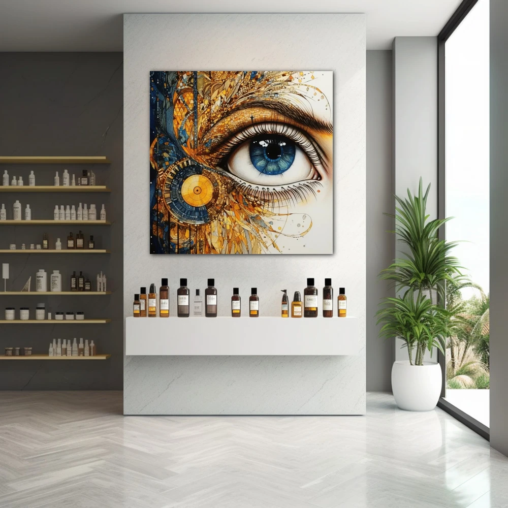 Wall Art titled: Porcelain Gaze in a Square format with: Blue, white, and Golden Colors; Decoration the Pharmacy wall