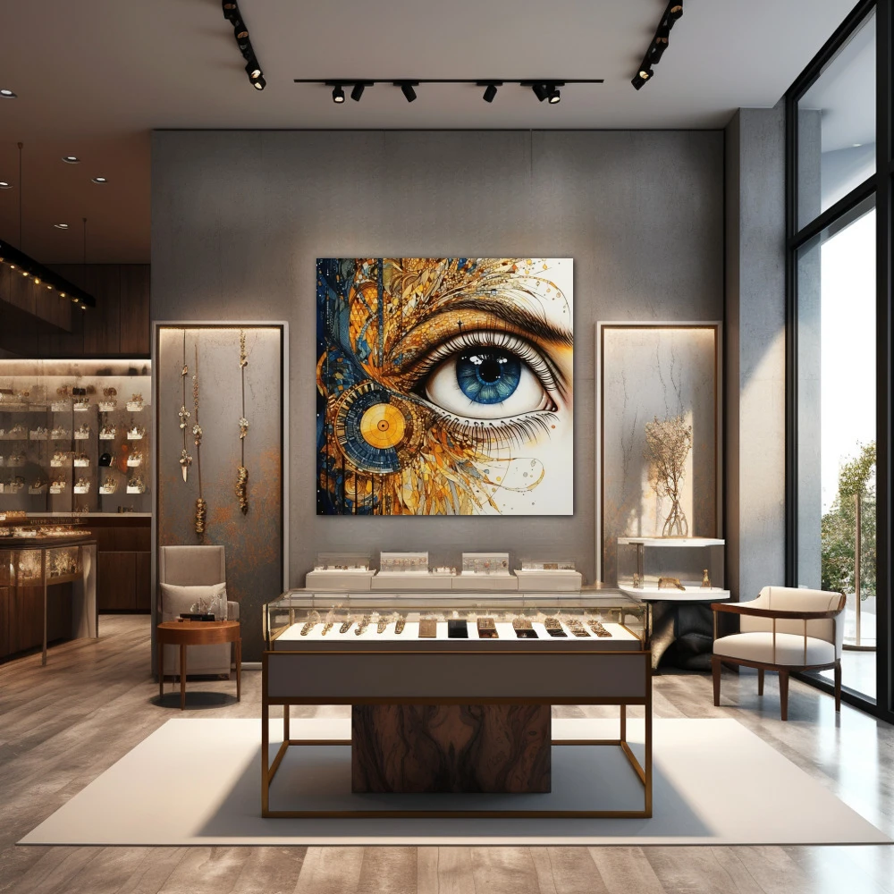 Wall Art titled: Porcelain Gaze in a Square format with: Blue, white, and Golden Colors; Decoration the Jewellery wall