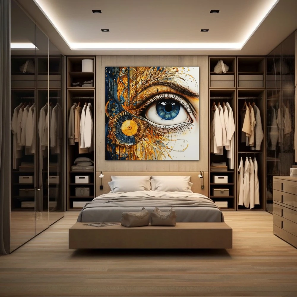 Wall Art titled: Porcelain Gaze in a Square format with: Blue, white, and Golden Colors; Decoration the Dressing Room wall