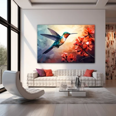 Wall Art titled: Ruby Nectar in a Horizontal format with: Sky blue, Orange, and Red Colors; Decoration the Living Room wall