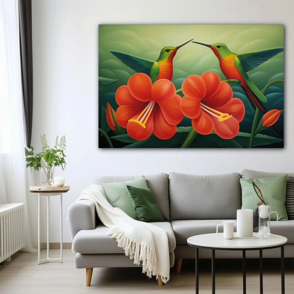 Cuadro susurros de clorofila en formato horizontal con colores naranja, verde, vivos; decorando pared blanca
