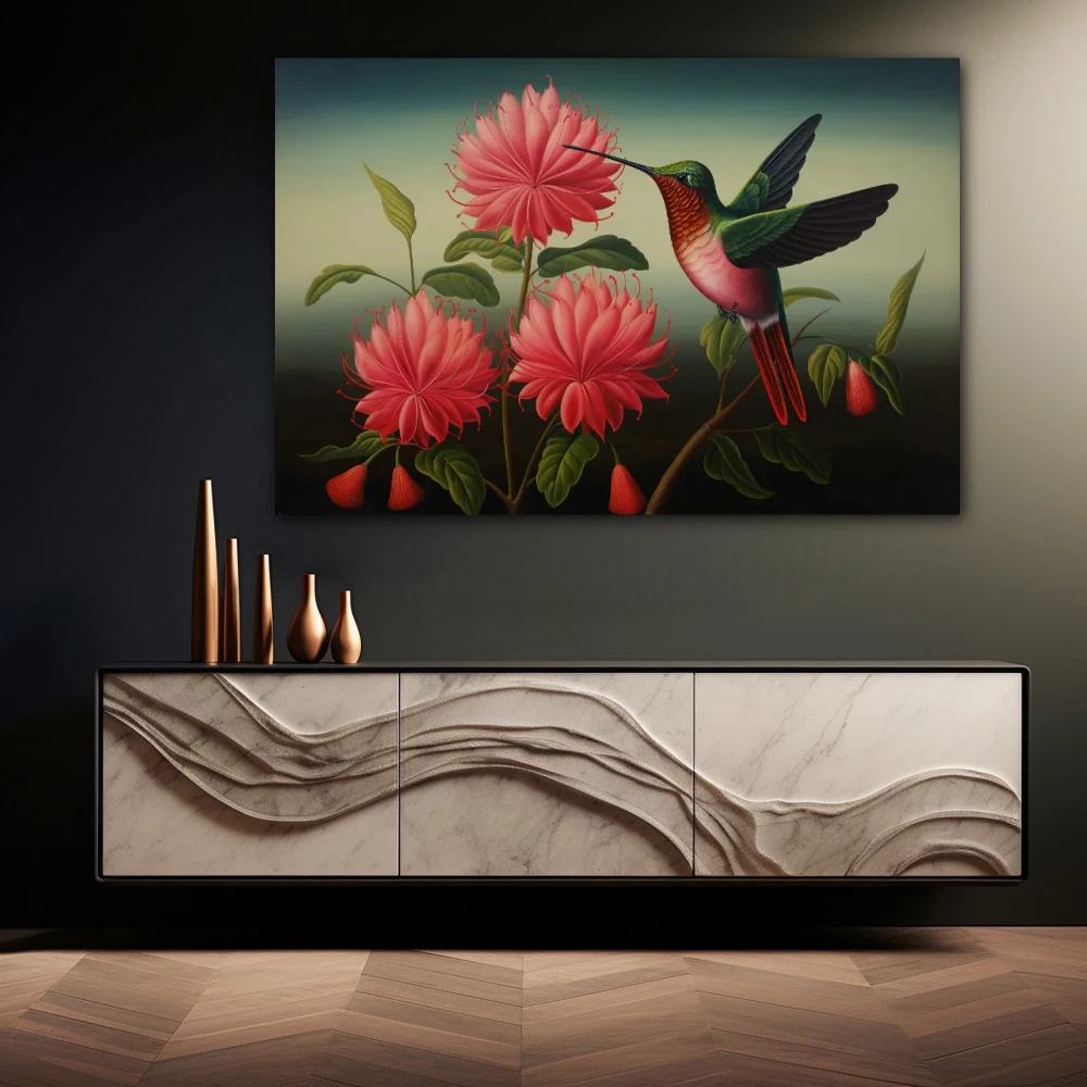 Wall Art titled: Whispers in Crimson in a Horizontal format with: Pink, Green, and Vivid Colors; Decoration the Sideboard wall