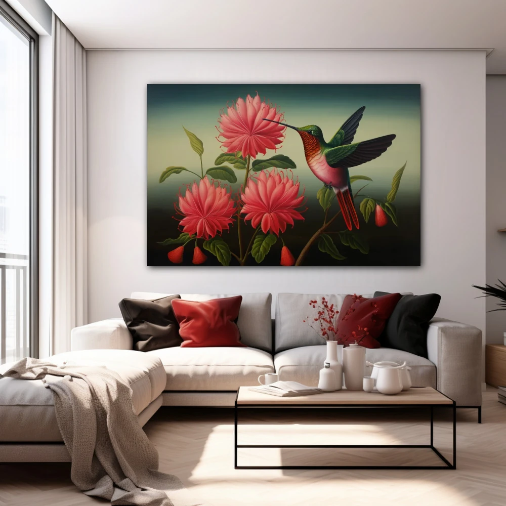 Wall Art titled: Whispers in Crimson in a Horizontal format with: Pink, Green, and Vivid Colors; Decoration the White Wall wall