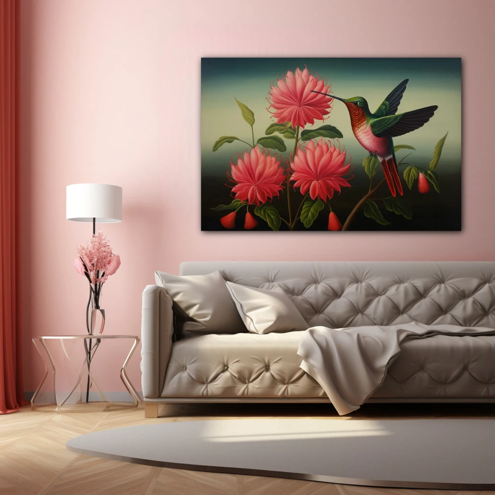 Wall Art titled: Whispers in Crimson in a Horizontal format with: Pink, Green, and Vivid Colors; Decoration the Above Couch wall