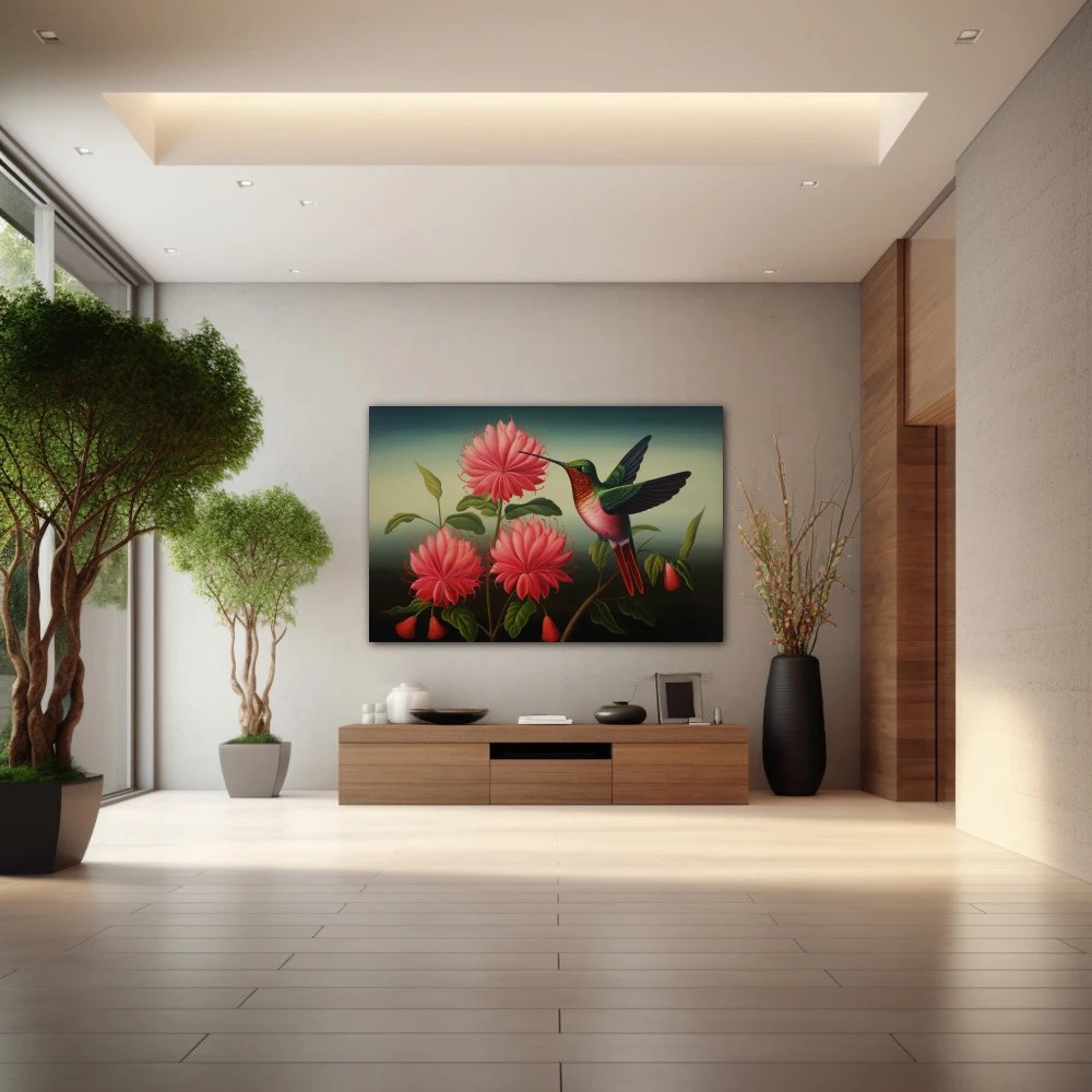 Wall Art titled: Whispers in Crimson in a Horizontal format with: Pink, Green, and Vivid Colors; Decoration the Entryway wall