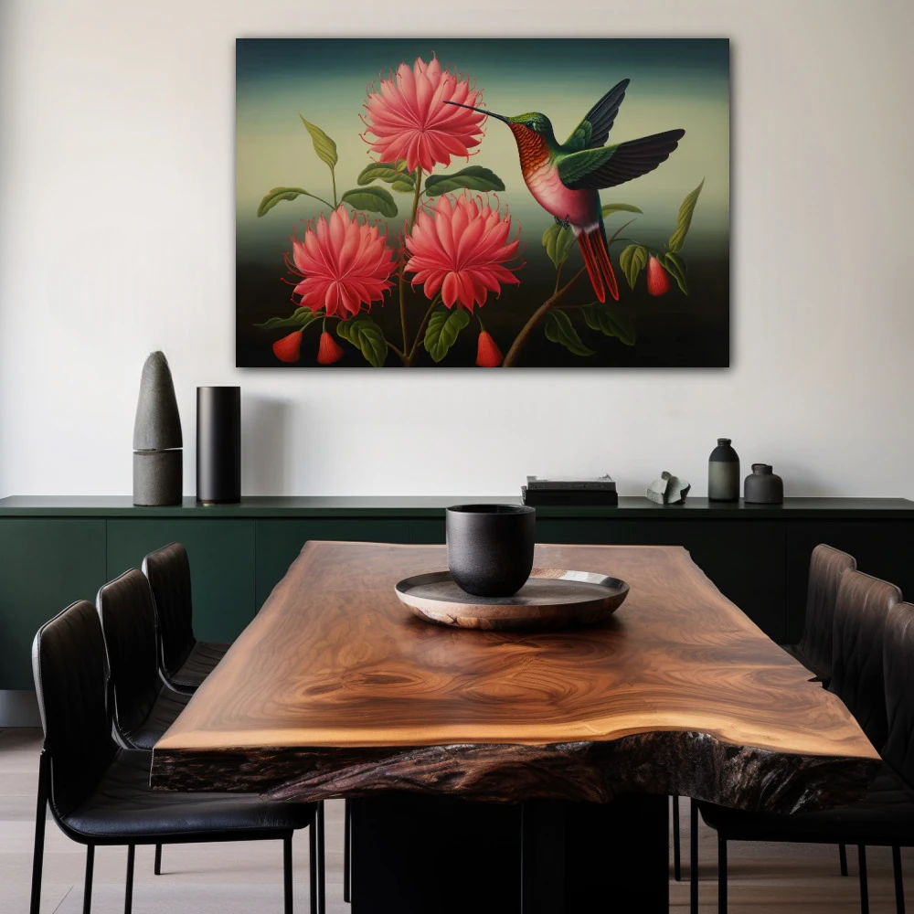 Wall Art titled: Whispers in Crimson in a Horizontal format with: Pink, Green, and Vivid Colors; Decoration the Living Room wall