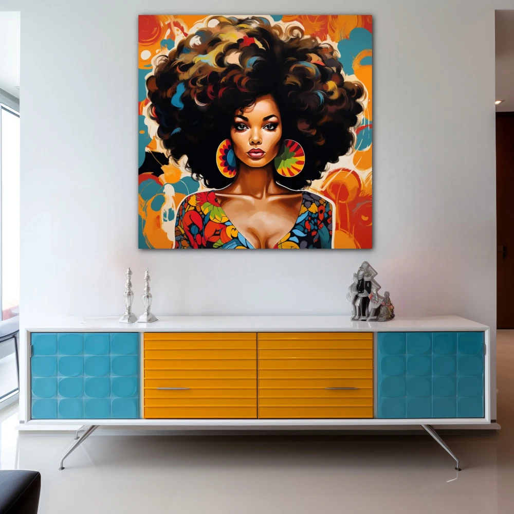 Wall Art titled: Spring Essence in a Square format with: Blue, Orange, and Vivid Colors; Decoration the Sideboard wall