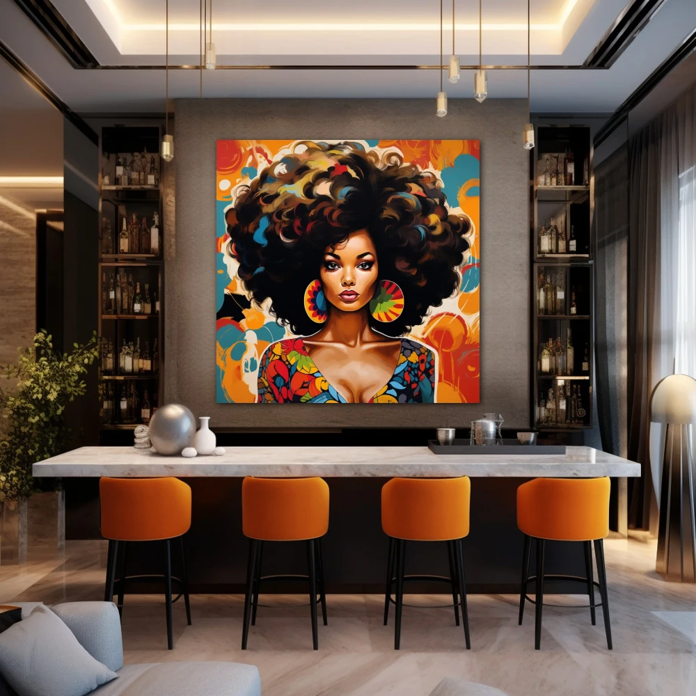 Wall Art titled: Spring Essence in a Square format with: Blue, Orange, and Vivid Colors; Decoration the Bar wall