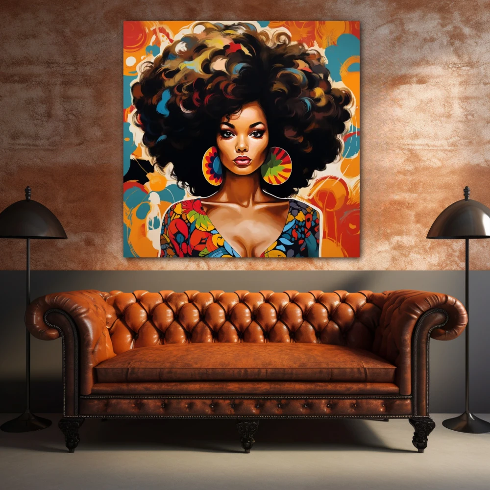 Wall Art titled: Spring Essence in a Square format with: Blue, Orange, and Vivid Colors; Decoration the Above Couch wall