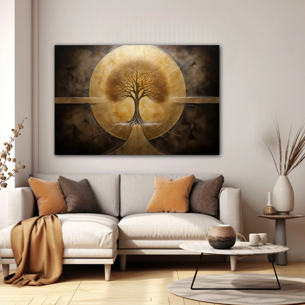 Wall Art titled: Eternal Roots in a Horizontal format with: Golden, and Brown Colors; Decoration the White Wall wall