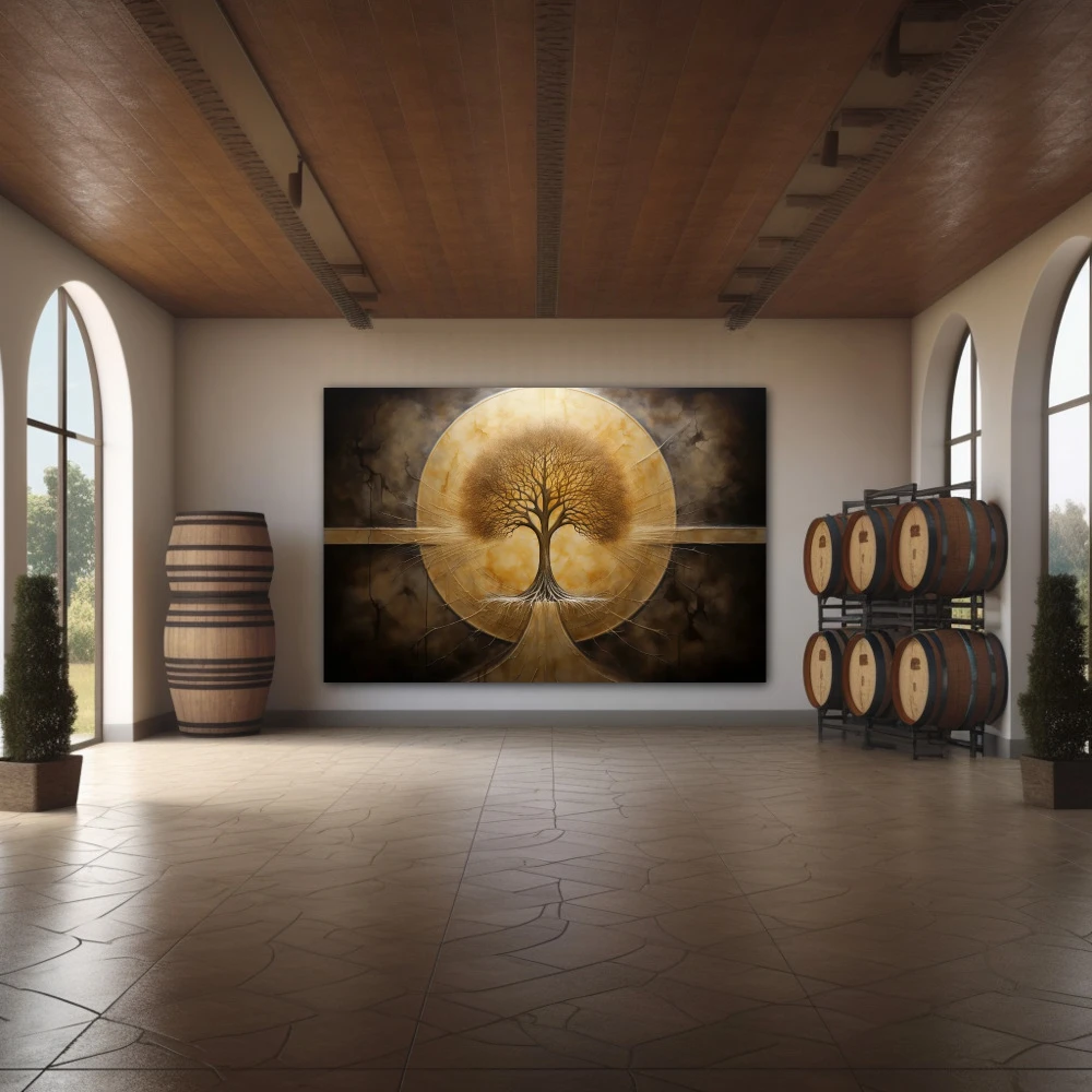 Wall Art titled: Eternal Roots in a Horizontal format with: Golden, and Brown Colors; Decoration the Winery wall