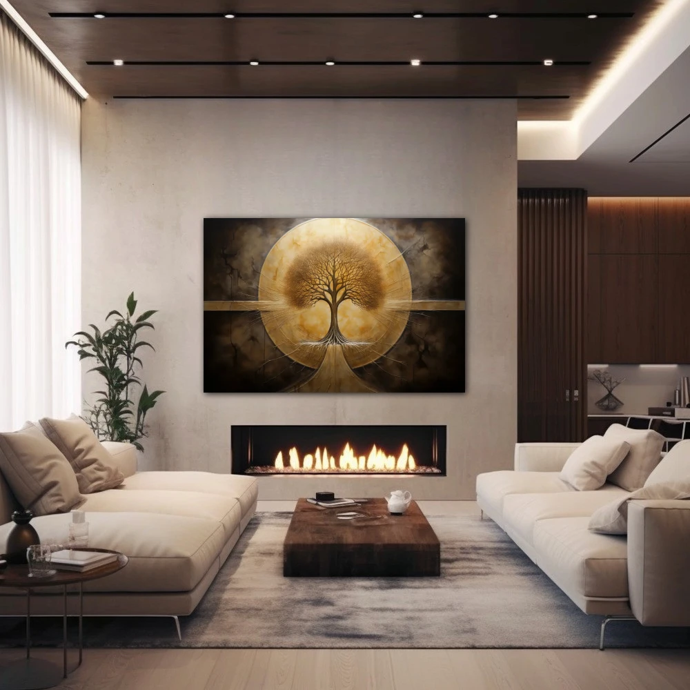 Wall Art titled: Eternal Roots in a Horizontal format with: Golden, and Brown Colors; Decoration the Fireplace wall