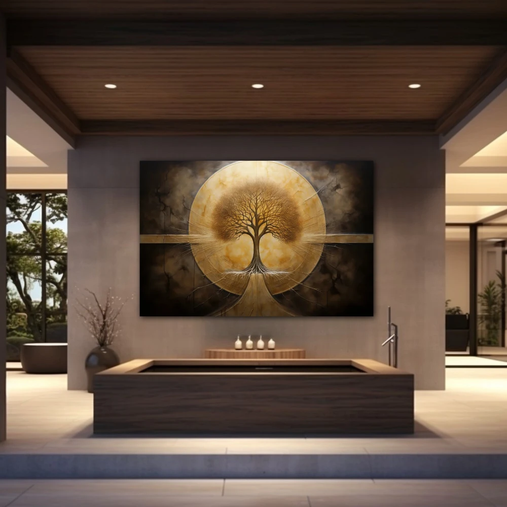 Wall Art titled: Eternal Roots in a Horizontal format with: Golden, and Brown Colors; Decoration the Wellbeing wall