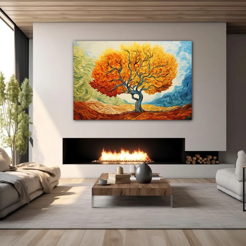 Wall Art titled: Chromatic Vital Effluvia in a Horizontal format with: Sky blue, and Orange Colors; Decoration the Fireplace wall