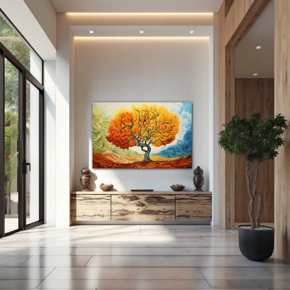 Wall Art titled: Chromatic Vital Effluvia in a Horizontal format with: Sky blue, and Orange Colors; Decoration the Entryway wall