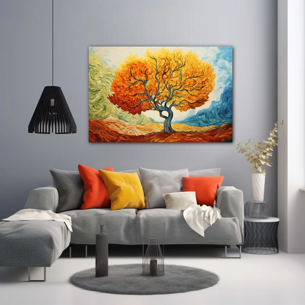 Cuadro efluvios vitales cromáticos en formato horizontal con colores celeste, naranja; decorando pared gris