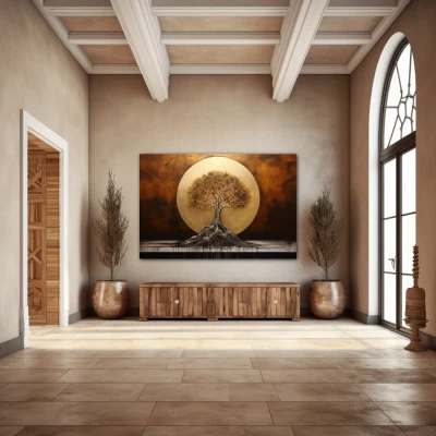 Wall Art titled: The Dawn of Life in a Horizontal format with: Golden, and Brown Colors; Decoration the Entryway wall