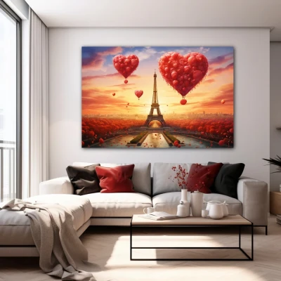 Cuadro parís, la ville d'amour en formato horizontal con colores amarillo, rojo; decorando pared blanca