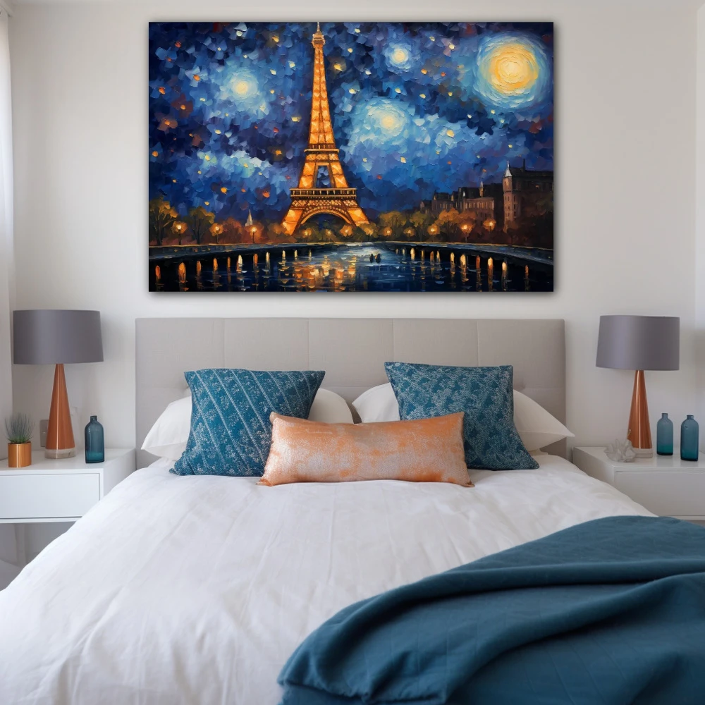 Cuadro reflejos de un paris soñador en formato horizontal con colores azul, dorado; decorando pared de habitación dormitorio