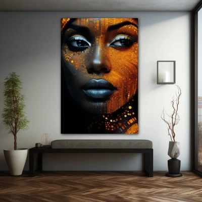 Wall Art titled: Cyber beauty in a Vertical format with: Golden, and Black Colors; Decoration the Grey Walls wall