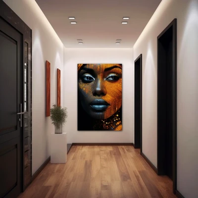 Wall Art titled: Cyber beauty in a Vertical format with: Golden, and Black Colors; Decoration the Hallway wall