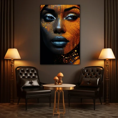 Wall Art titled: Cyber beauty in a Vertical format with: Golden, and Black Colors; Decoration the Living Room wall