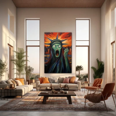 Wall Art titled: Compromised Freedom in a  format with: Blue, Red, and Green Colors; Decoration the Living Room wall