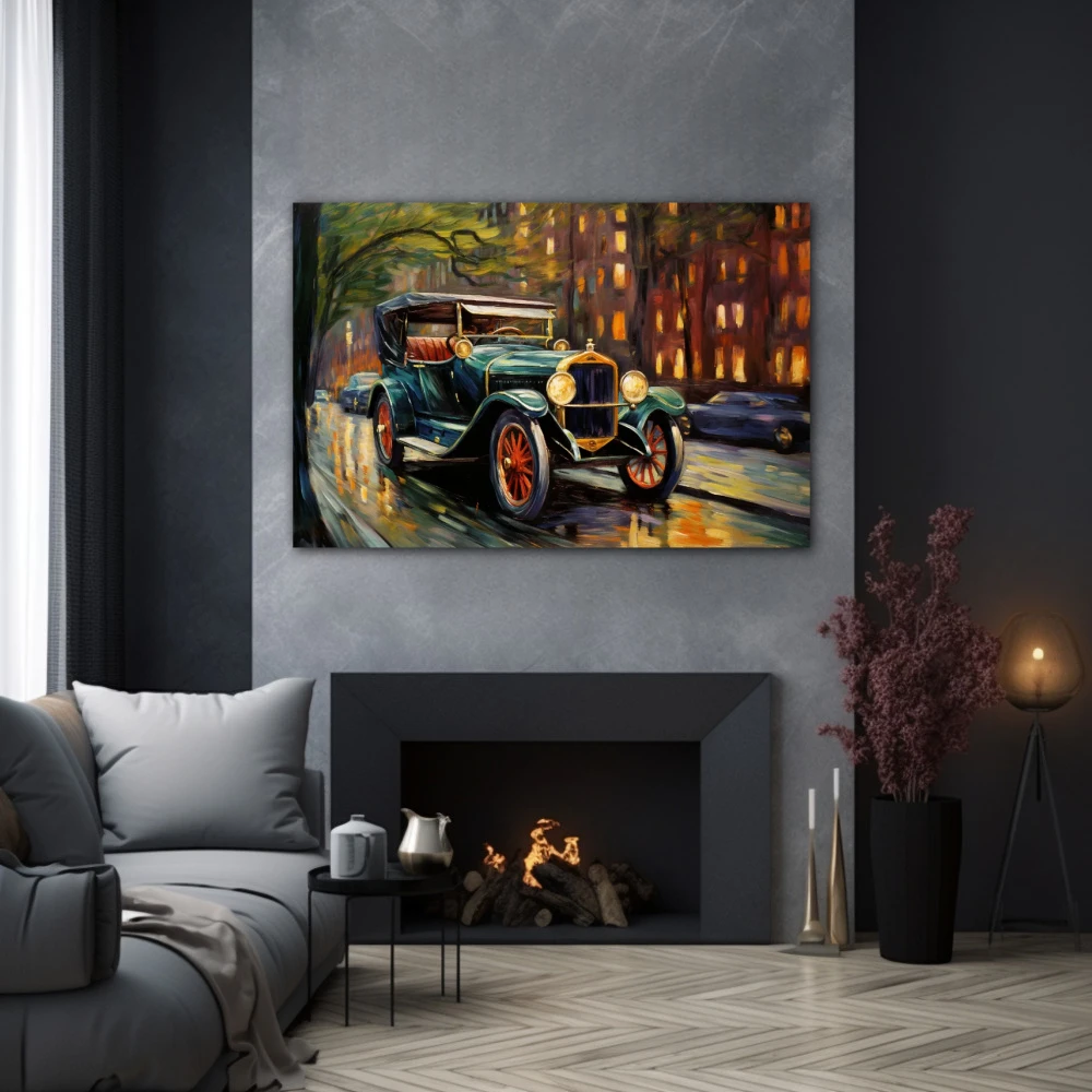 Cuadro reflejos de una era dorada en formato horizontal con colores dorado, marrón, verde; decorando pared gris