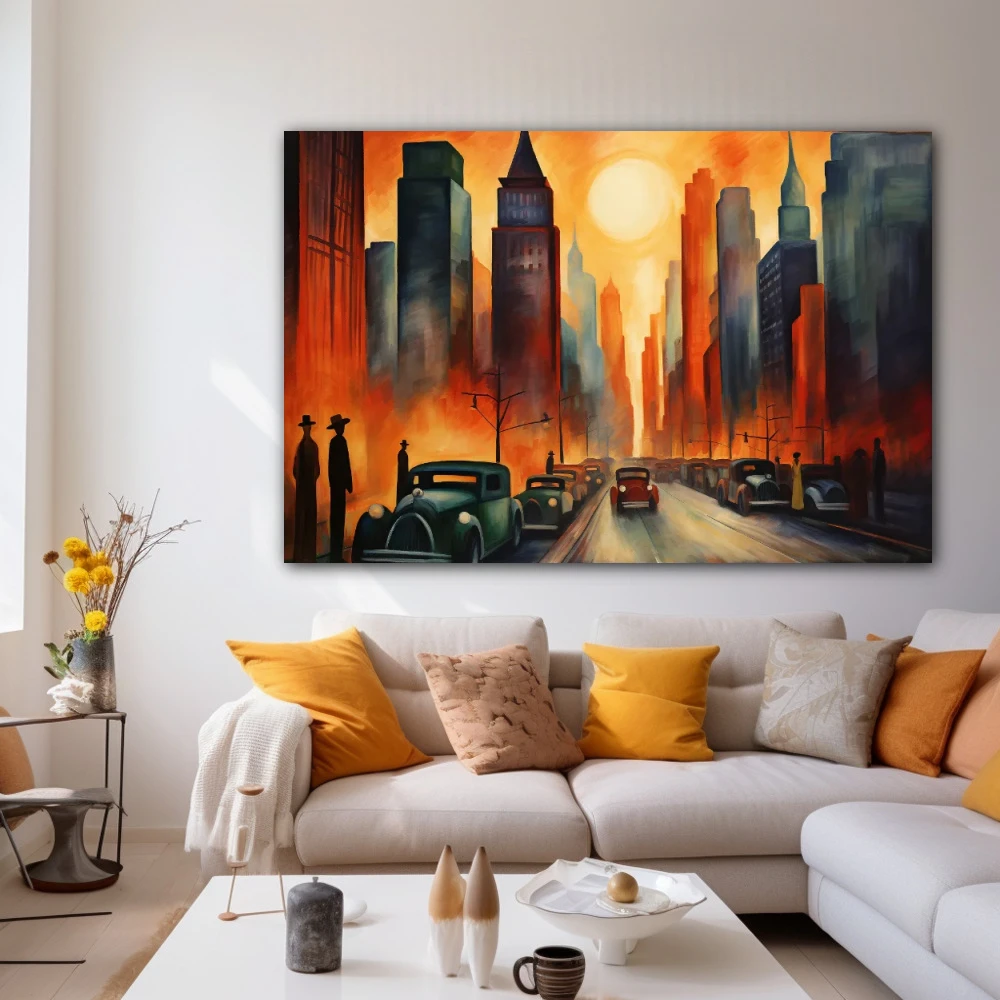 Wall Art titled: Metropolitan Twilight in a Horizontal format with: Yellow, and Orange Colors; Decoration the White Wall wall