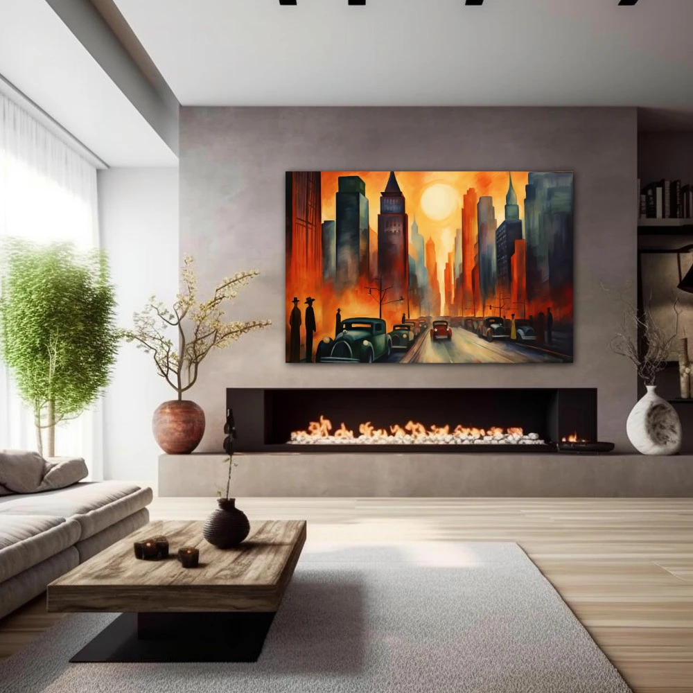 Wall Art titled: Metropolitan Twilight in a Horizontal format with: Yellow, and Orange Colors; Decoration the Fireplace wall