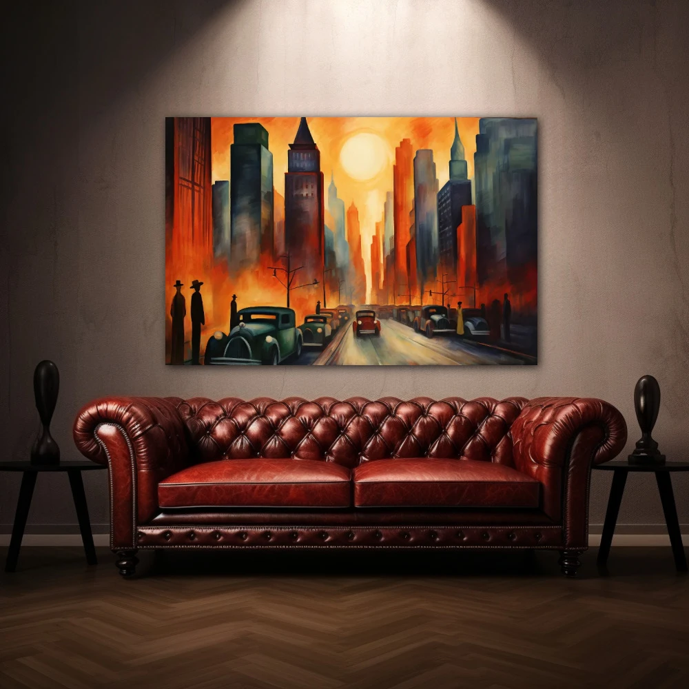 Wall Art titled: Metropolitan Twilight in a Horizontal format with: Yellow, and Orange Colors; Decoration the Above Couch wall