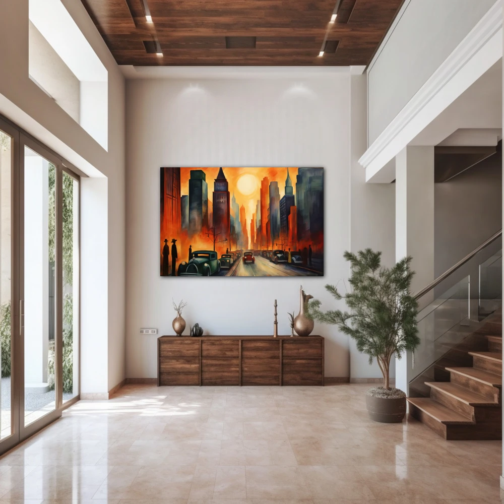 Wall Art titled: Metropolitan Twilight in a Horizontal format with: Yellow, and Orange Colors; Decoration the Entryway wall