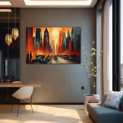 Cuadro crepúsculo metropolitano en formato horizontal con colores amarillo, naranja; decorando pared gris