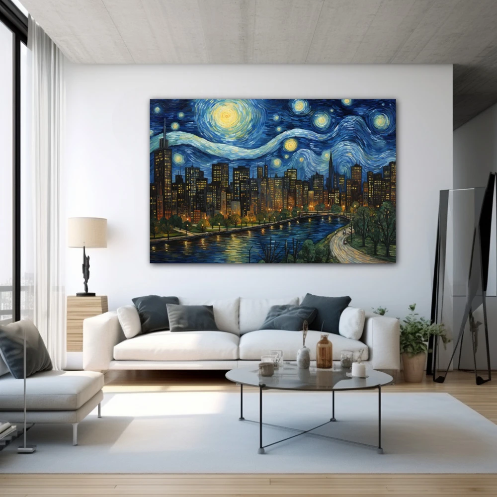 Cuadro fantasía nocturna neoyorquina en formato horizontal con colores amarillo, azul, verde; decorando pared blanca