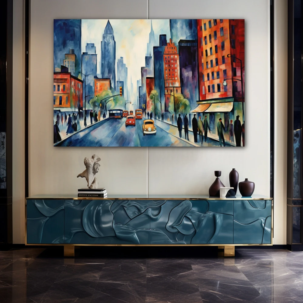 Wall Art titled: Awakening in the Big Apple in a Horizontal format with: Blue, Grey, Orange, and Navy Blue Colors; Decoration the Sideboard wall