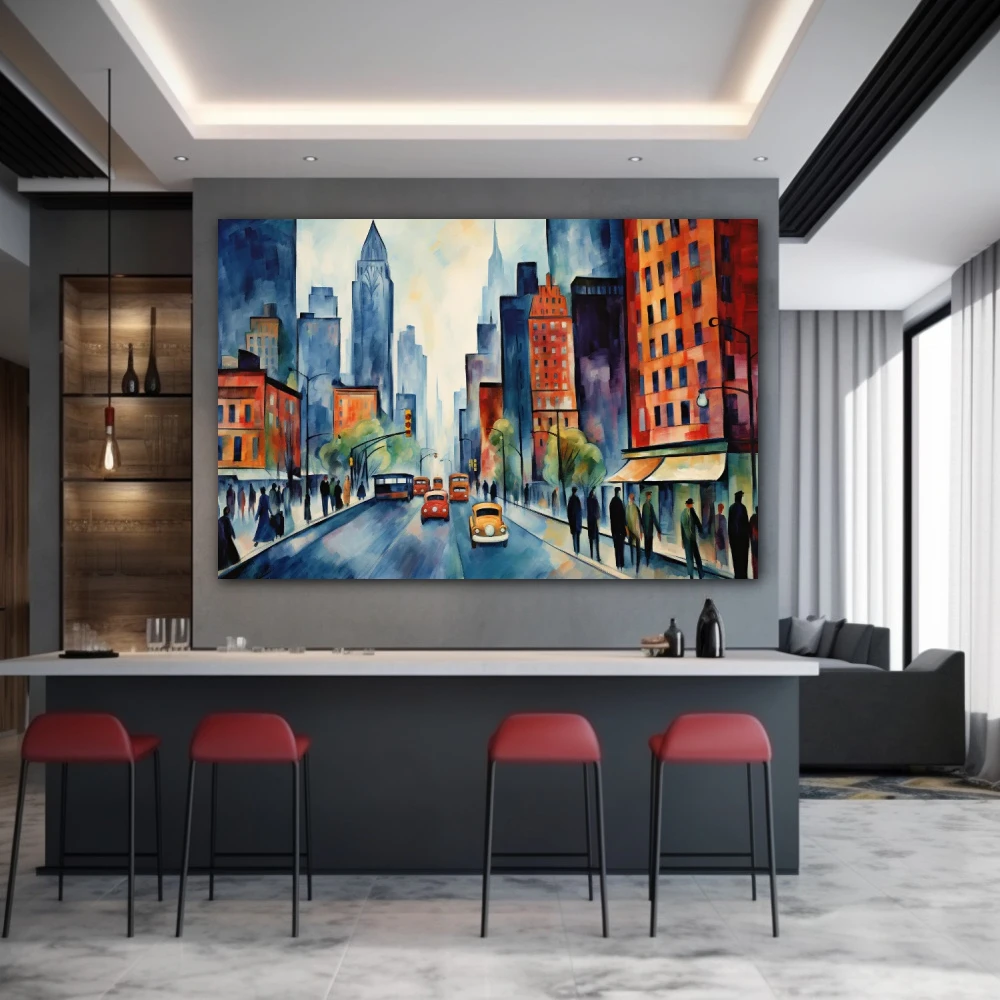 Wall Art titled: Awakening in the Big Apple in a Horizontal format with: Blue, Grey, Orange, and Navy Blue Colors; Decoration the Bar wall